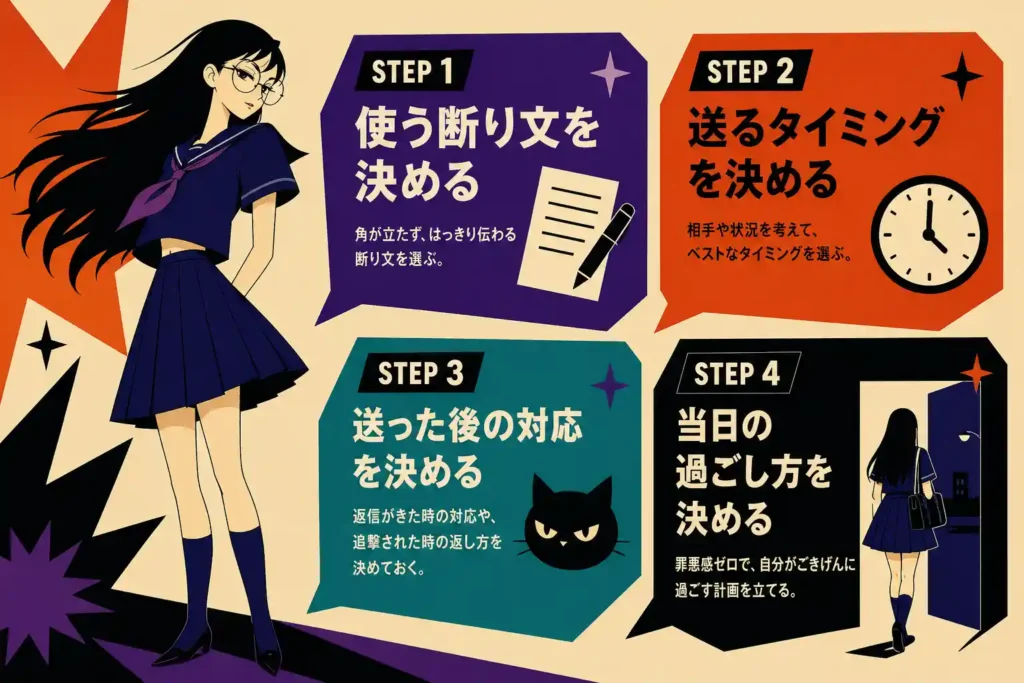 中学生向けの打ち上げの断り方を4ステップで解説するインフォグラフィック。風に髪をなびかせた黒髪の女子生徒が立ち、右側に「断り文を決める」「送るタイミング」「送った後の対応」「当日の過ごし方」の吹き出しが並ぶ。