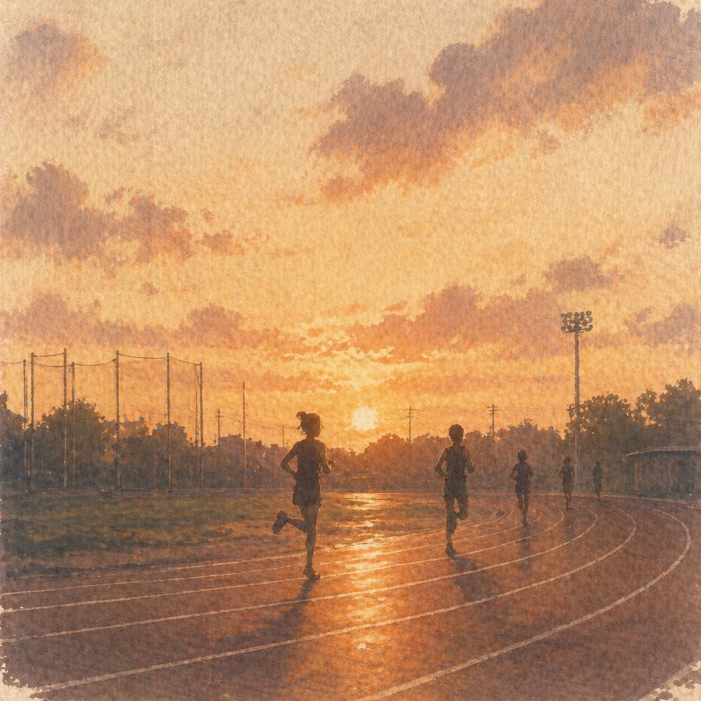 夕陽でシルエットになる陸上部