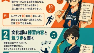 競技別の部活ノートの書き方をまとめたインフォグラフィック。上段はバスケ部の女子が、運動部は数字と場面を書くと具体的になると紹介。下段はサックスを持つ吹奏楽部の女子が、文化部は練習内容と気づき、次にどうするかを書く例を示している。