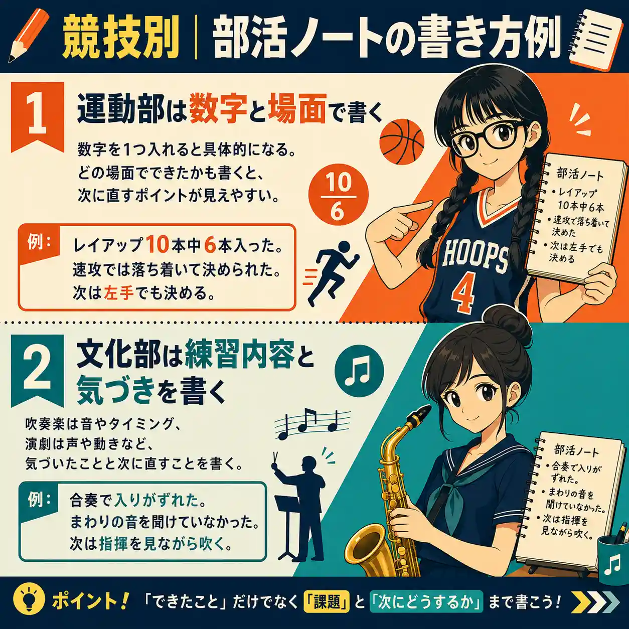 運動部と文化部の部活ノートの書き方を比較したインフォグラフィック