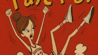 ひっくり返って手足をジタバタさせる、茶髪お団子ヘアの細身な若い女性。バスケ部のユニフォーム姿で、1960年代アメリカアニメ風のとんがった表情。「やめてやる！」の大きな文字が背景にある。