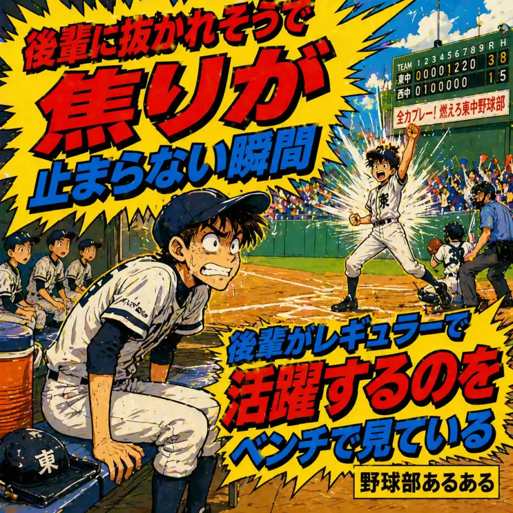 部活あるある。後輩が活躍するのをベンチで見て、抜かれそうな焦りに押される野球部男子の瞬間。