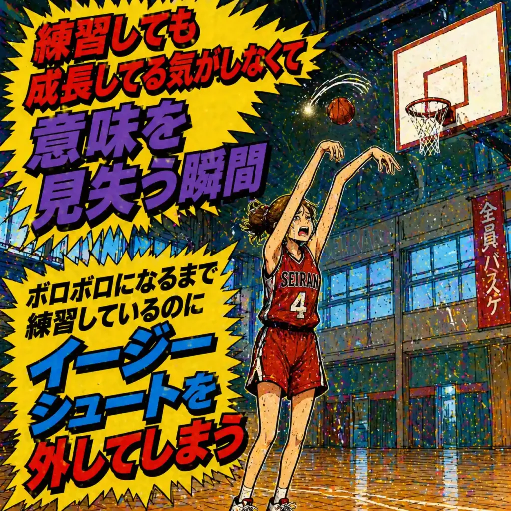部活あるある。練習しても成長を感じられず、ボードにも当たらないシュートで落ち込む女子バスケ部員。
