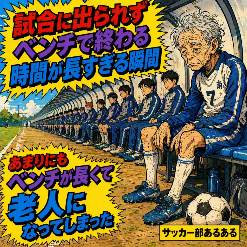 部活あるある。試合に出られずベンチが長すぎて、待つうちに老人のように感じるサッカー部男子。