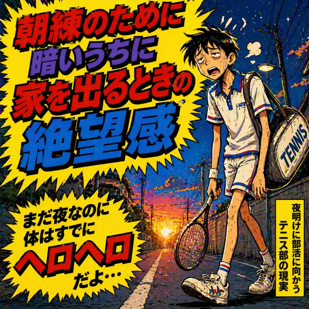 部活あるある。朝練のため暗いうちに家を出て、すでにヘトヘトで歩くテニス部男子の瞬間。