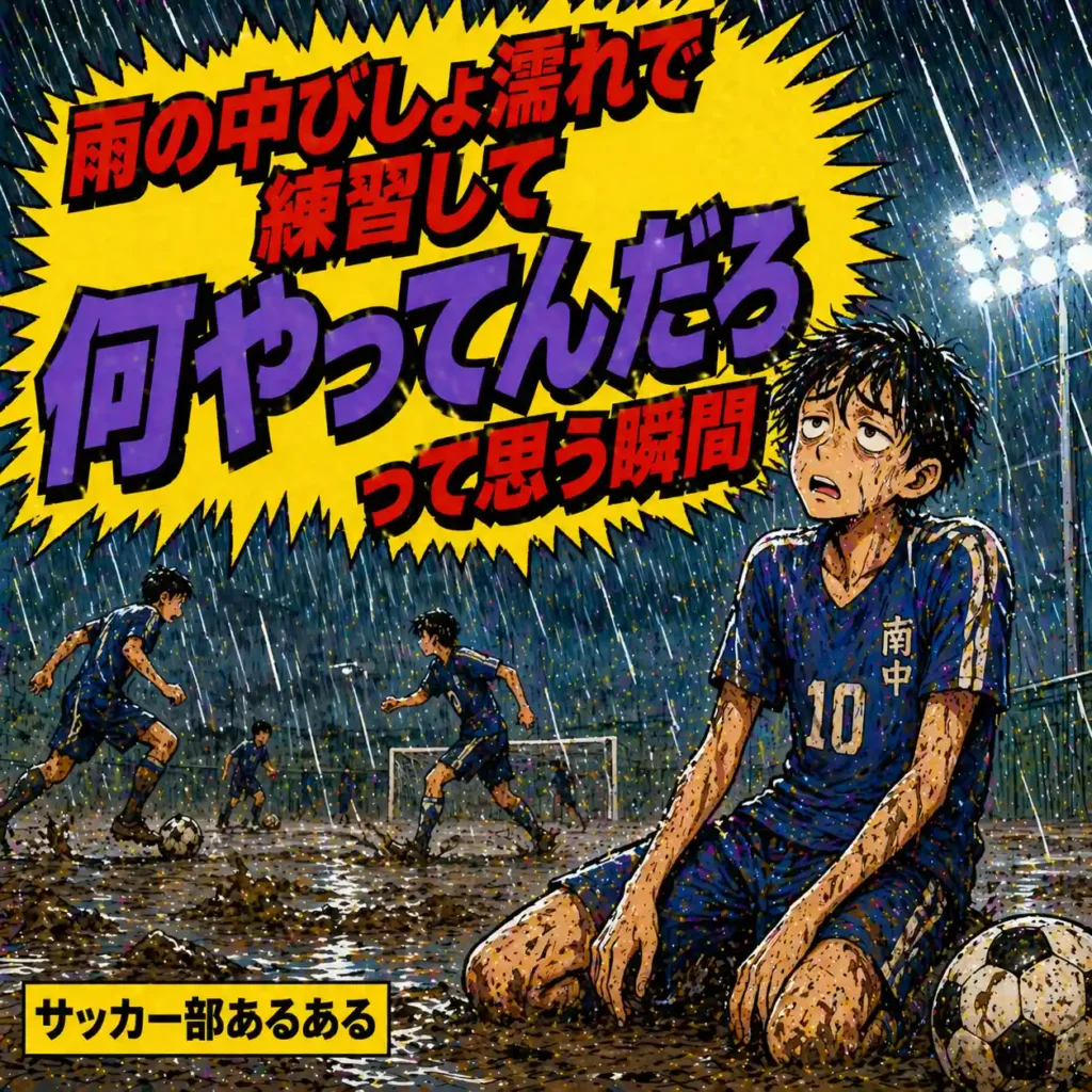 部活あるある。大雨の泥だらけのグラウンドで練習しながら「何やってんだろ」と虚しくなるサッカー部男子。
