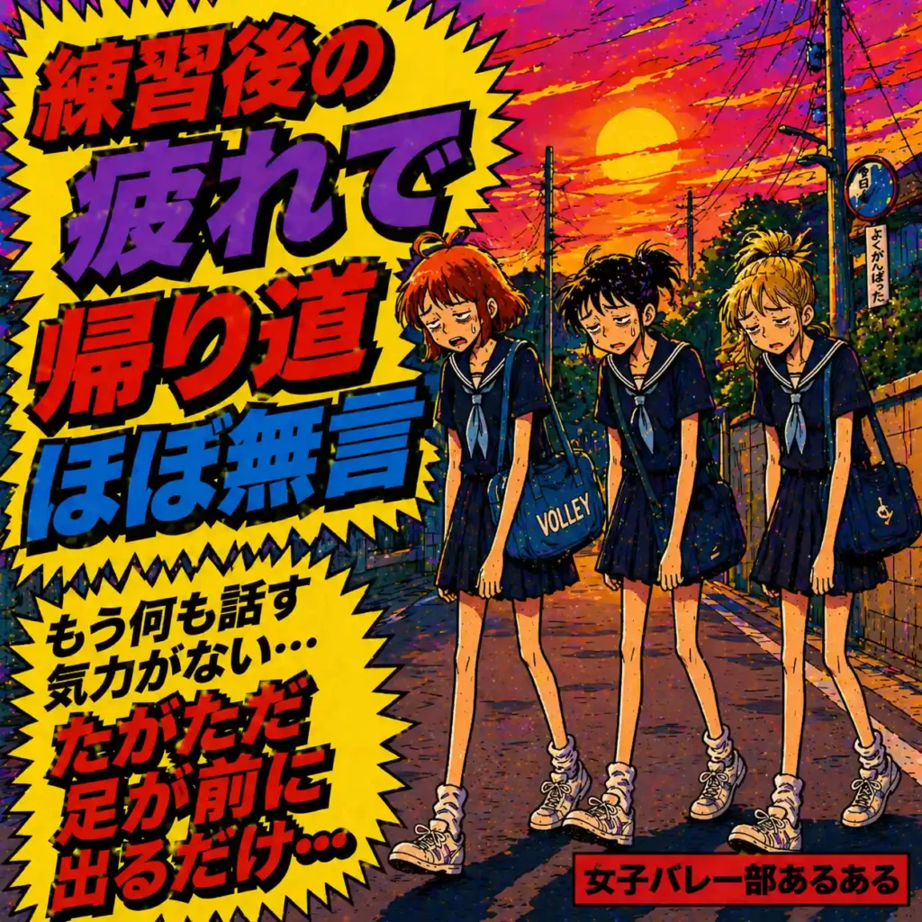 部活あるある。練習後の疲れで帰り道ほぼ無言になり、うなだれて歩く女子バレー部3人。