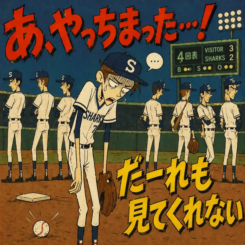 ミス直後にうなだれる細身の野球部男子。チームメイトは背を向けて無視し、全員の視線が一斉に外れる中で孤立している。1960年代アメリカアニメ風のとがった表情と細長い手足。「あ、やっちまった…！」「だーれも見てくれない」の大きな文字。