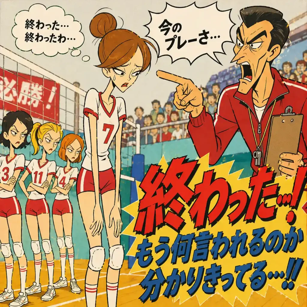 顧問に呼ばれうなだれる女子バレー部員。試合中に叱られ「終わった…」と感じる瞬間のイラスト。