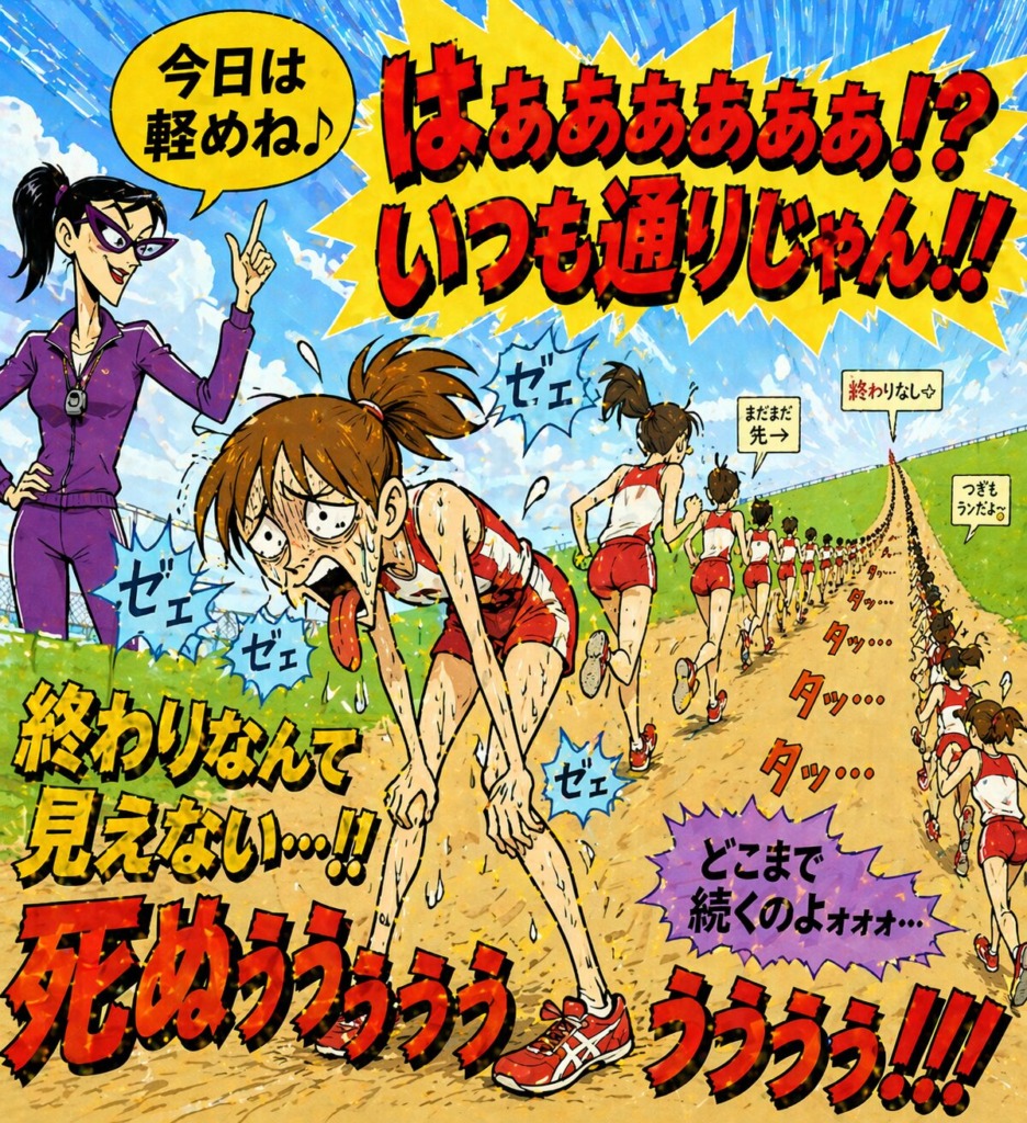 「今日は軽めね」と言われた直後、結局いつも通り走らされて限界の女子陸上部員。