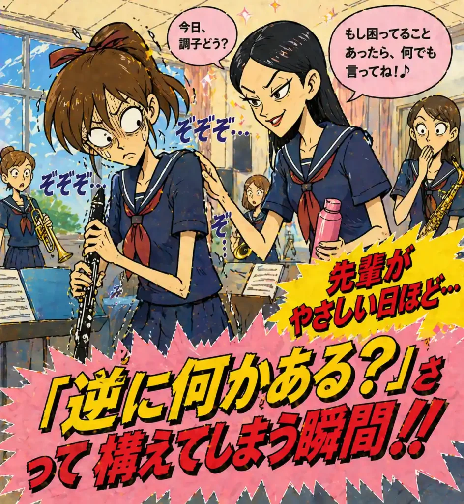 やけに優しい先輩に背中がぞくっとする吹奏楽部女子。「逆に何かある？」と構えてしまう瞬間。