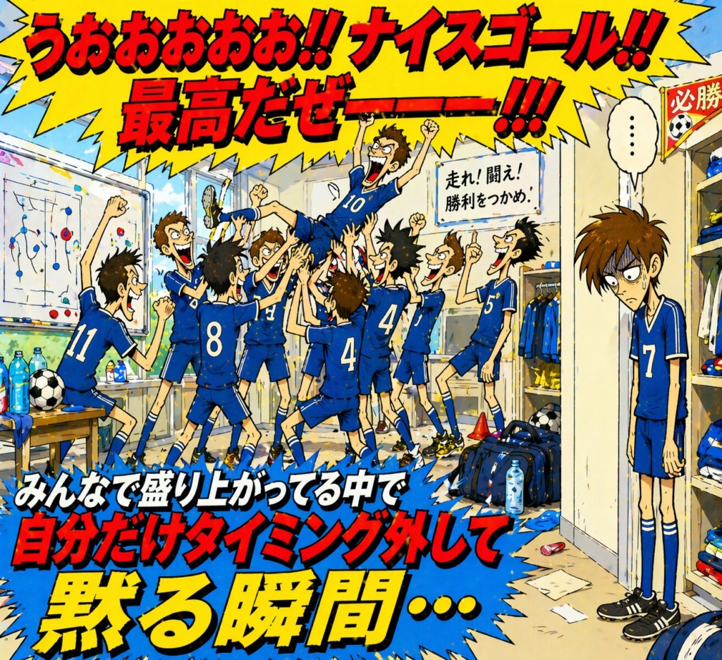 部室で盛り上がるサッカー部の中、隅で一人だけタイミングを外して黙る男子の瞬間。