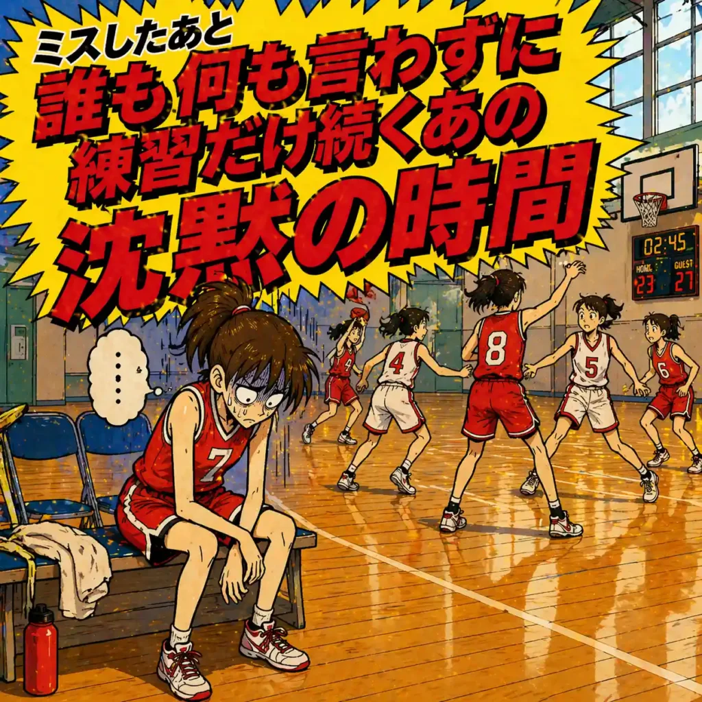 部活あるある。ミス後、誰も何も言わず練習だけ続く中、ベンチでうなだれる女子バスケ部員。