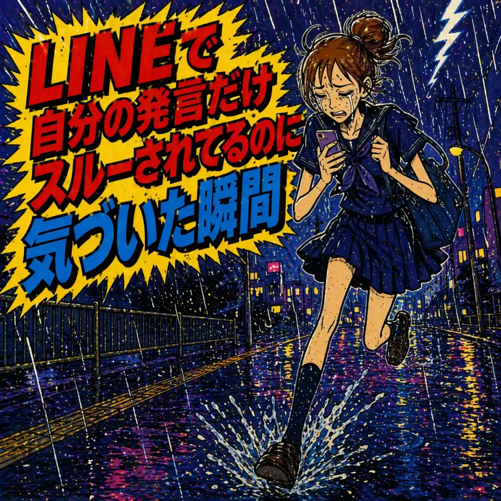 部活あるある。LINEで自分の発言だけスルーされ、雨の中でスマホを握りしめて泣きながら走る女子。
