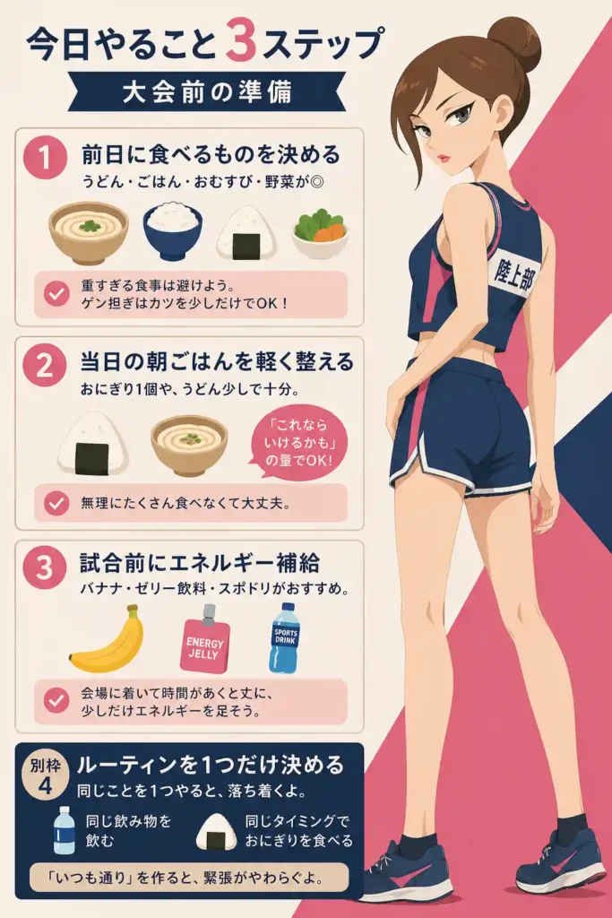 大会前の食事と準備を解説したインフォグラフィック。陸上部のユニフォームを着た女子生徒が立ち、前日・当日朝・試合前の食事とルーティンのポイントがアイコン付きで整理されている。