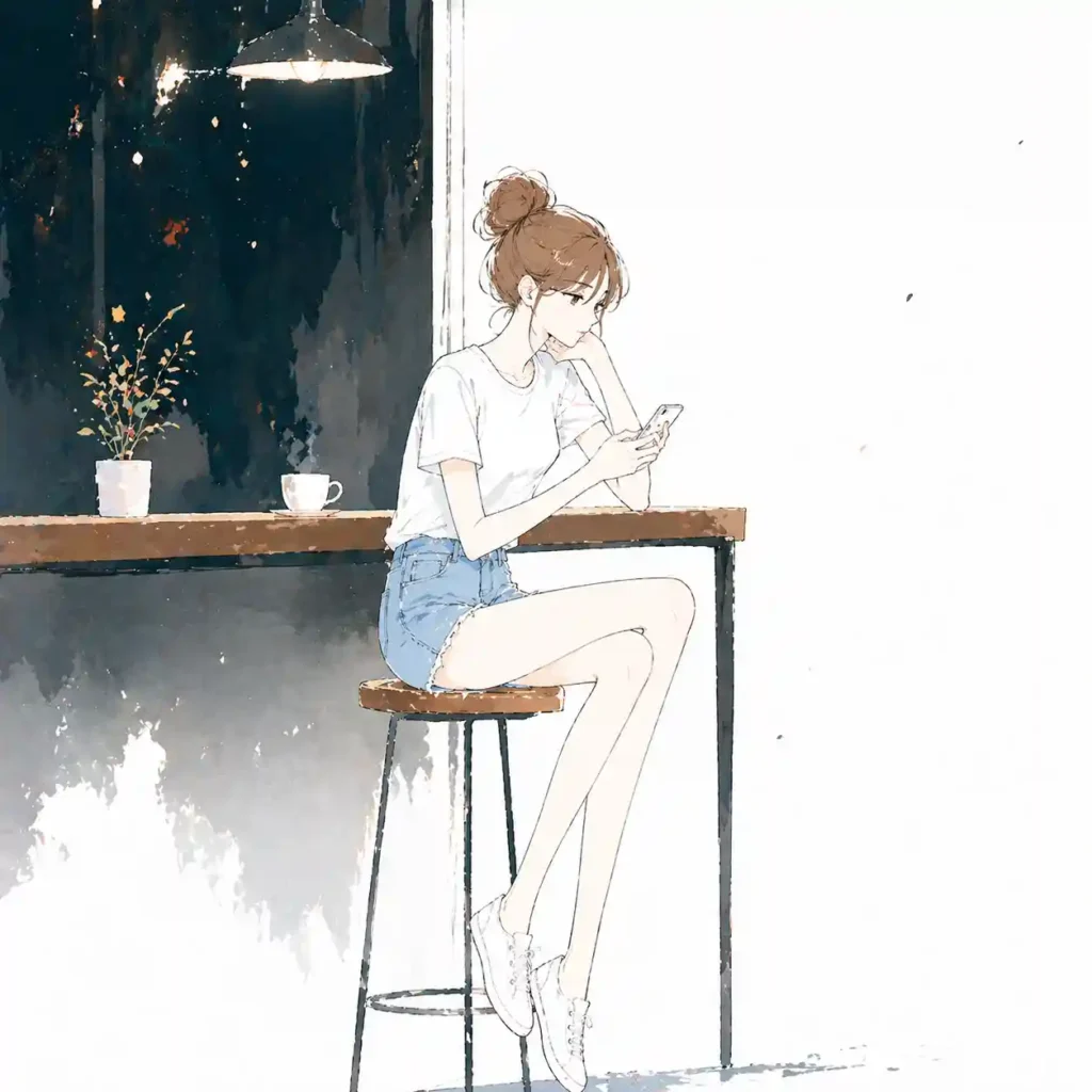 カフェでメッセージを打っている女子