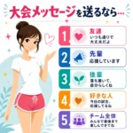 大会前に友達・先輩・後輩・好きな人・チーム全体へ送る応援メッセージを紹介するインフォグラフィック。お団子ヘアの女性が明るく案内している。