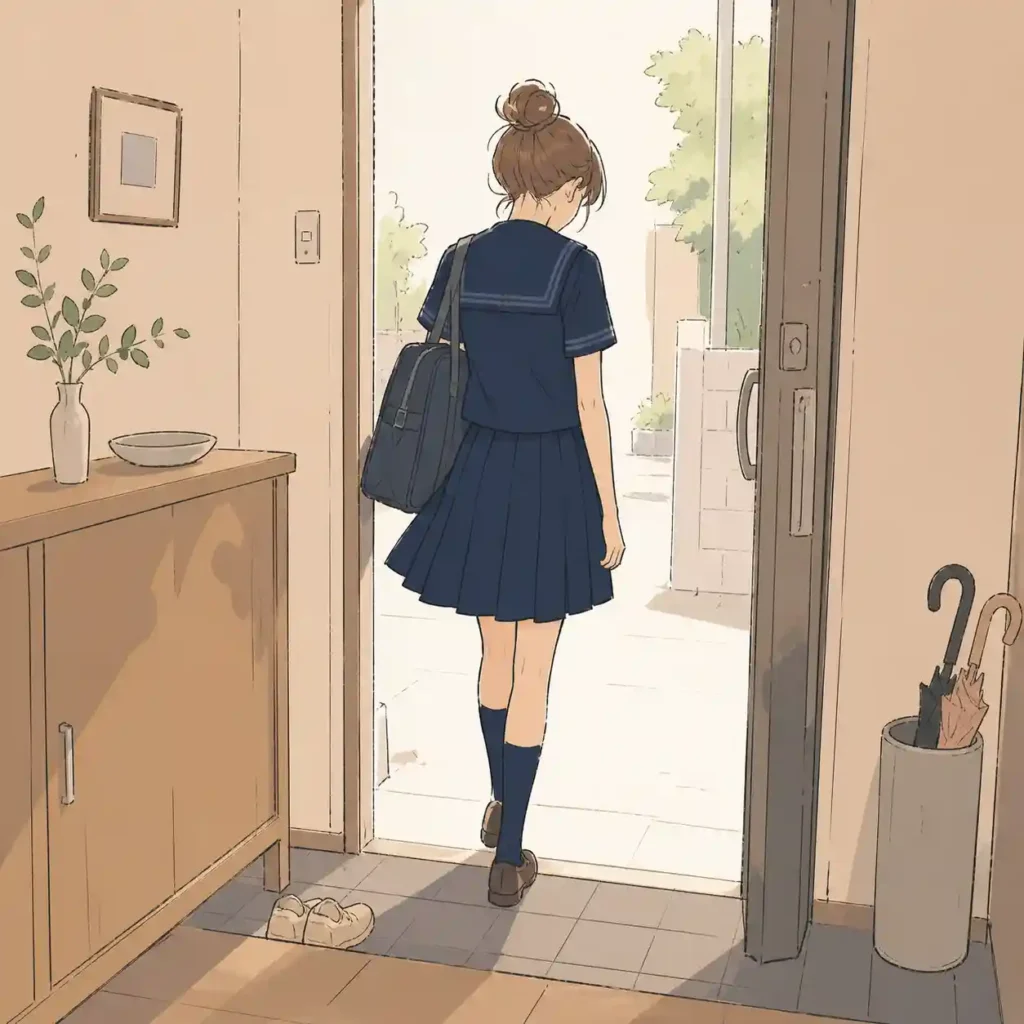 いやいや玄関を出ていく女子