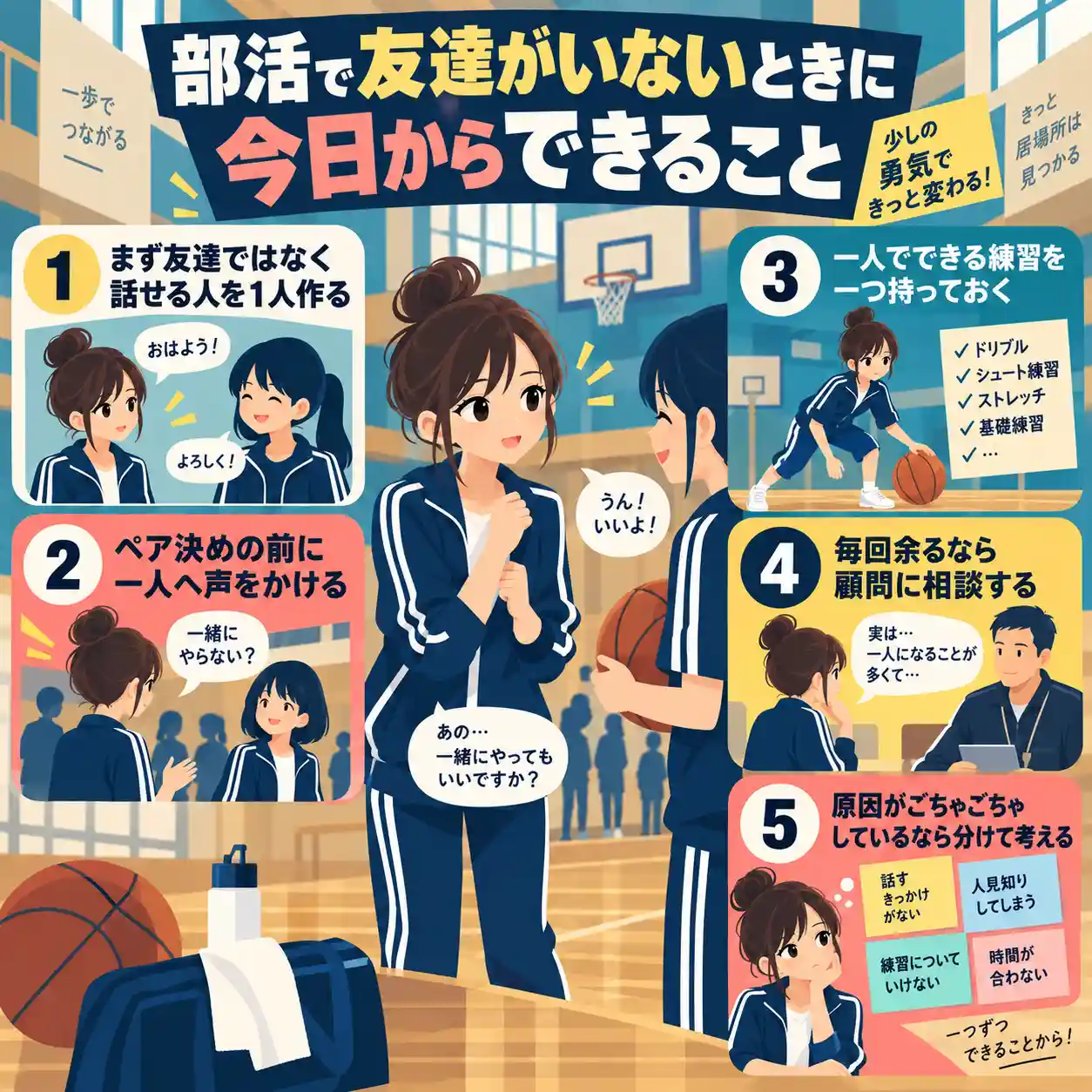 部活で友達がいない中学生向けに、今日からできる5つの対処法を紹介した女子生徒のイラスト入りインフォグラフィック