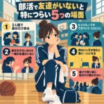 部活で友達がいないとつらい5つの場面を紹介する中学生女子のイラスト入りインフォグラフィック
