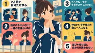 部活で友達がいないとつらい5つの場面を紹介する中学生女子のイラスト入りインフォグラフィック
