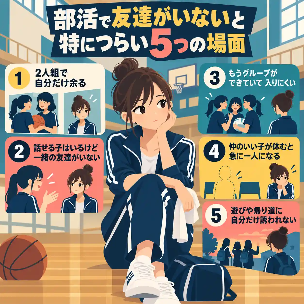 部活で友達がいないとつらい5つの場面を紹介する中学生女子のイラスト入りインフォグラフィック