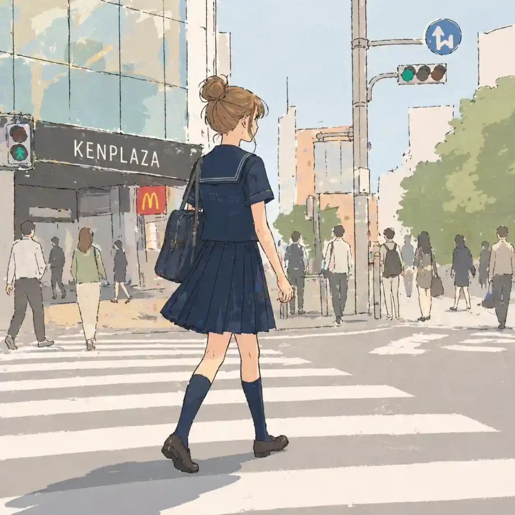 通学路の駅前を歩いていく女子