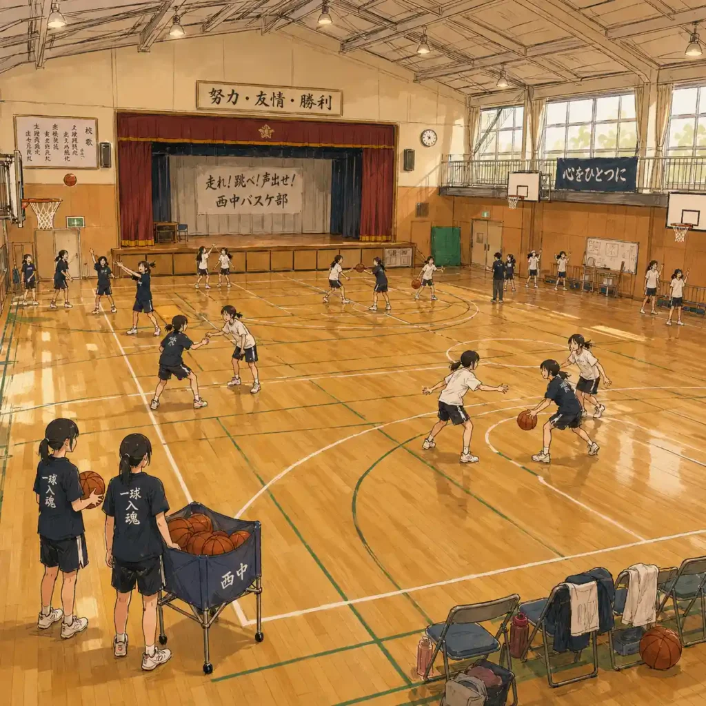 練習中の女子バスケ部