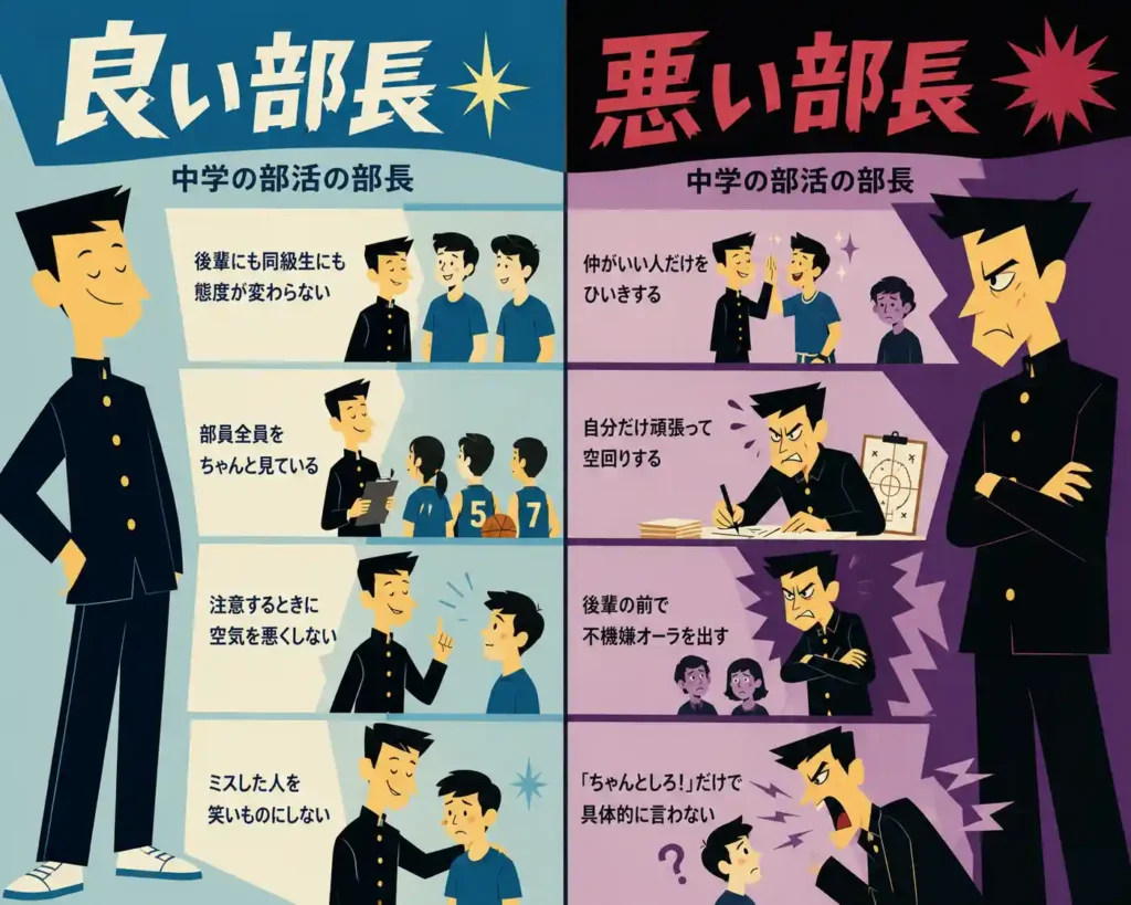 中学の部活の「良い部長」と「悪い部長」の違いを比較したインフォグラフィック。 左側には、後輩にも同級生にも公平に接し、部員全員を気にかけながら落ち着いて指導する良い部長を描写。 右側には、仲のいい部員だけをひいきし、不機嫌な態度や感情的な指導をする悪い部長を対比的に配置。 60年代アメリカアニメ風のスーパーフラットデザインで、強いコントラストとシャープなシルエットが特徴。