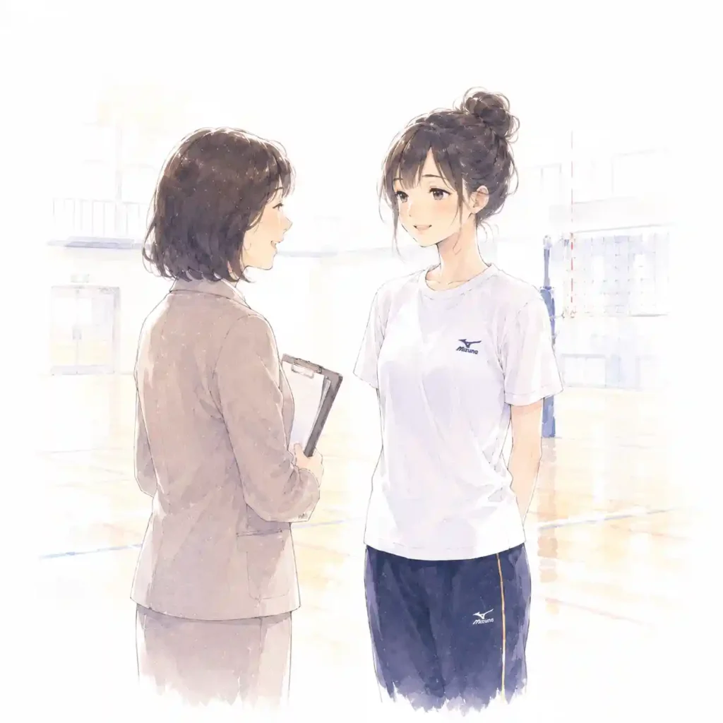 顧問と話をしている女子