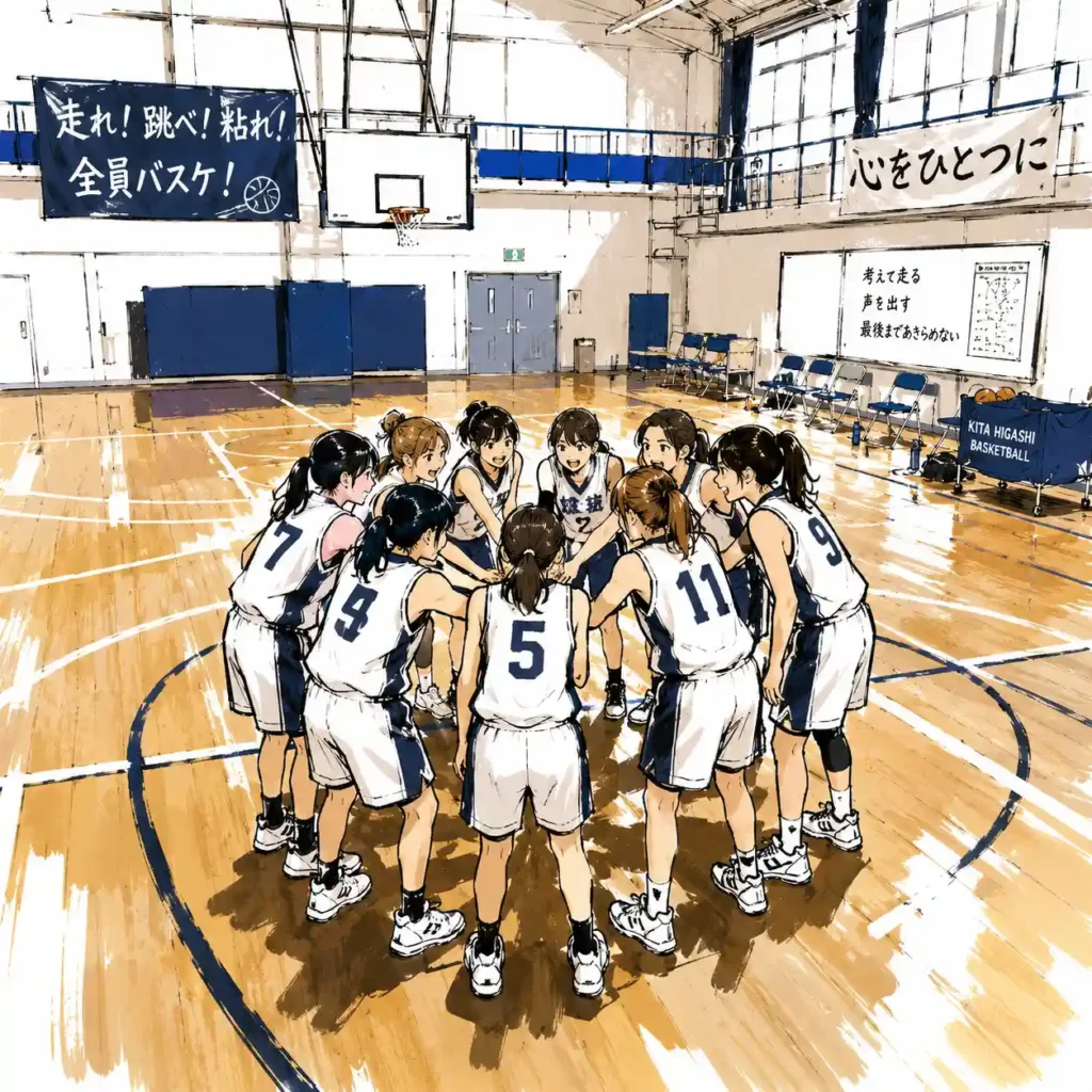 円陣を組む女子バスケットチーム