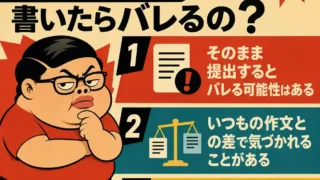 読書感想文をChatGPTで書いた場合の注意点をまとめた正方形のインフォグラフィック。レトロなアメリカアニメ風の太った若い男性が疑わしげな表情で描かれ、「そのまま提出するとバレる可能性はある」「いつもの作文との差で気づかれることがある」「自分で説明できるかが大事」という3つのポイントを示している。