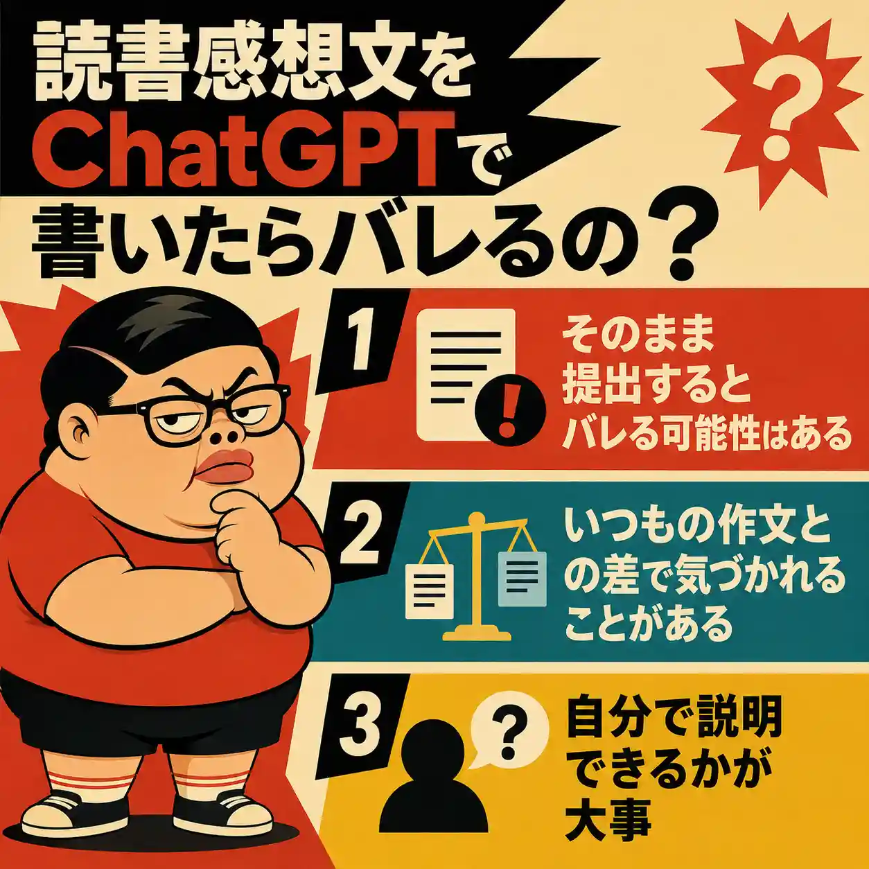 読書感想文をChatGPTで書いた場合の注意点をまとめた正方形のインフォグラフィック。レトロなアメリカアニメ風の太った若い男性が疑わしげな表情で描かれ、「そのまま提出するとバレる可能性はある」「いつもの作文との差で気づかれることがある」「自分で説明できるかが大事」という3つのポイントを示している。
