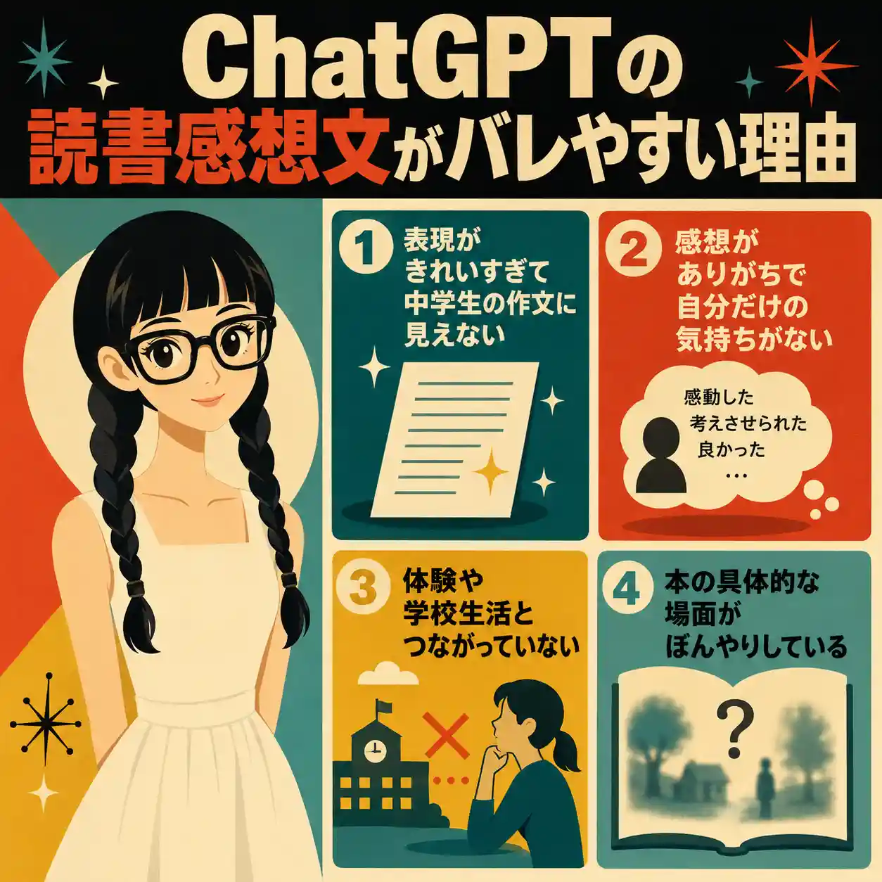 ChatGPTで書いた読書感想文がバレやすい理由を説明する正方形のインフォグラフィック。白いサマードレスと太い黒縁メガネ、左右の三つ編みが特徴の若い女性の横に、4つの理由として「表現がきれいすぎる」「感想がありがち」「体験や学校生活とつながらない」「本の具体的な場面がぼんやりしている」と示されている。