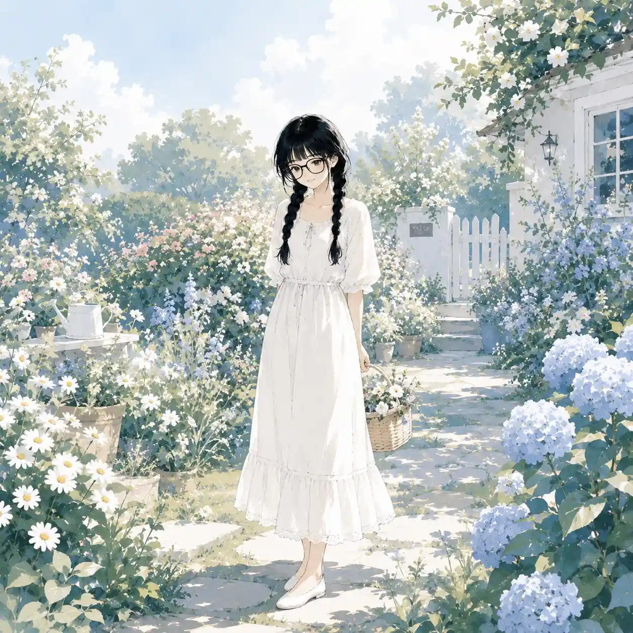 庭を散策する女子