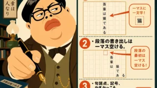 縦書き原稿用紙の基本ルールを説明する正方形のインフォグラフィック。太った若い男性文豪が万年筆を構え、右側に「一マス一文字」「段落は一マス空ける」「句読点やかぎかっこもマスに入れる」の三つの例が並ぶ。