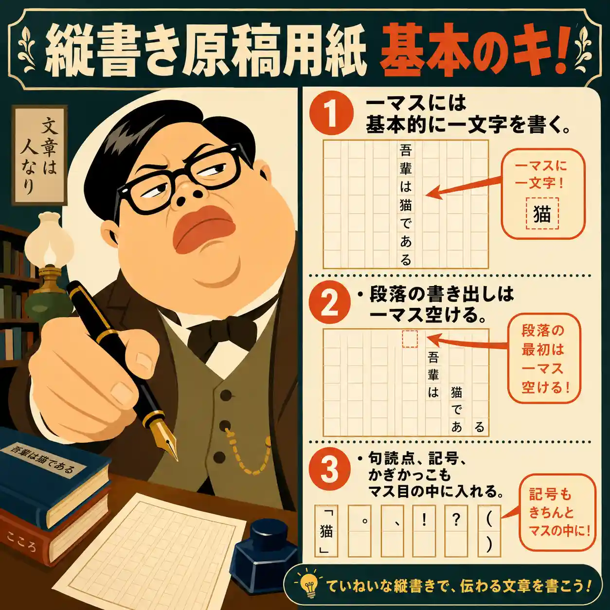 縦書き原稿用紙の基本ルールを説明する正方形のインフォグラフィック。太った若い男性文豪が万年筆を構え、右側に「一マス一文字」「段落は一マス空ける」「句読点やかぎかっこもマスに入れる」の三つの例が並ぶ。