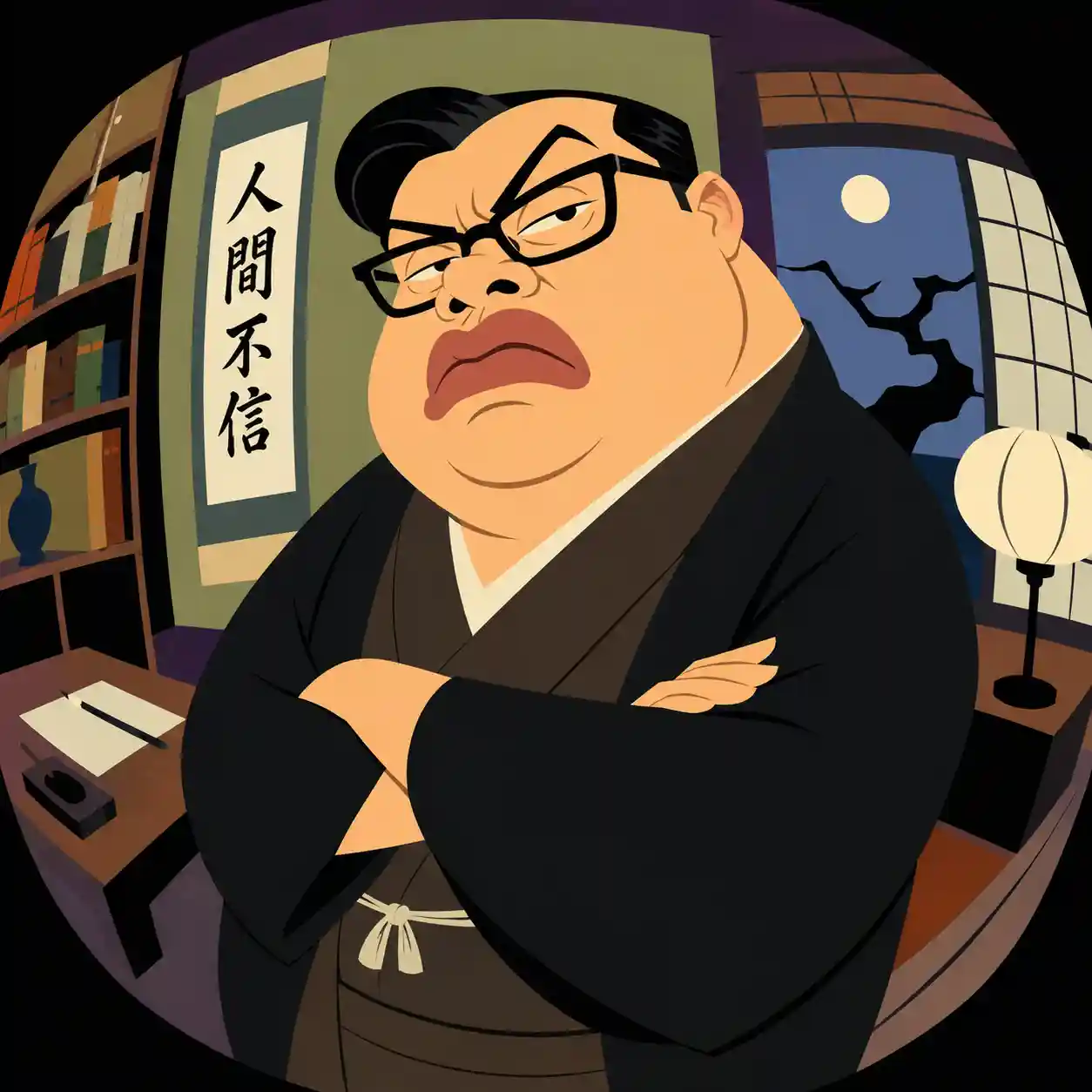 睨みを聞かせる文豪風の男