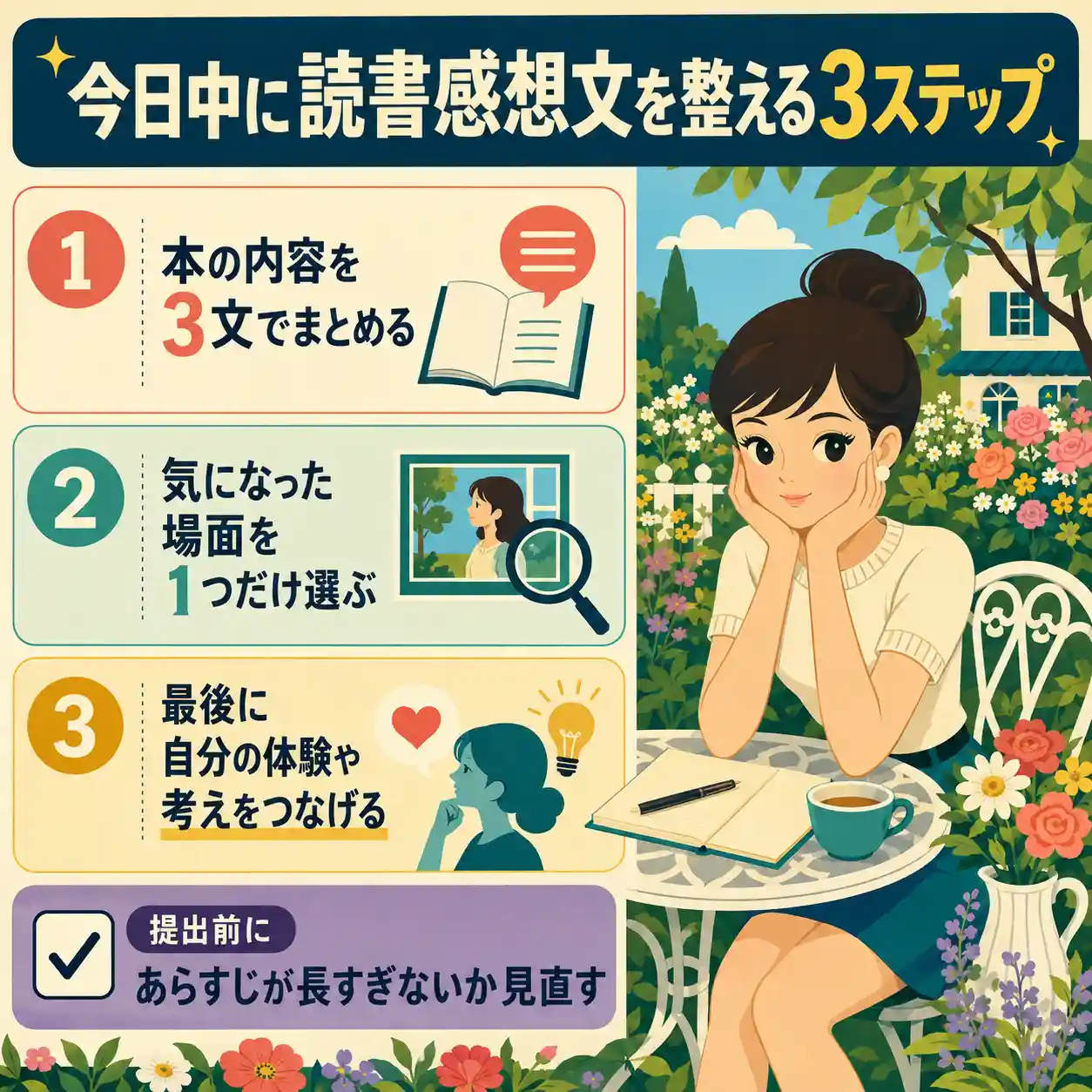 読書感想文を今日中に整える3ステップを紹介するインフォグラフィック。庭でノートを開く女性の横に、本の内容を3文でまとめる、気になった場面を選ぶ、自分の体験や考えにつなげる手順が示されている。 