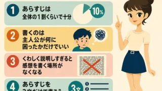読書感想文のあらすじは短くてよいことを説明する正方形インフォグラフィック。あらすじは全体の1割、主人公の困りごとだけを書く、説明しすぎない、3文でまとめる、という4つのポイントを示している。右側にはお団子ヘアの若い女性が立ち、指を上げて案内している。