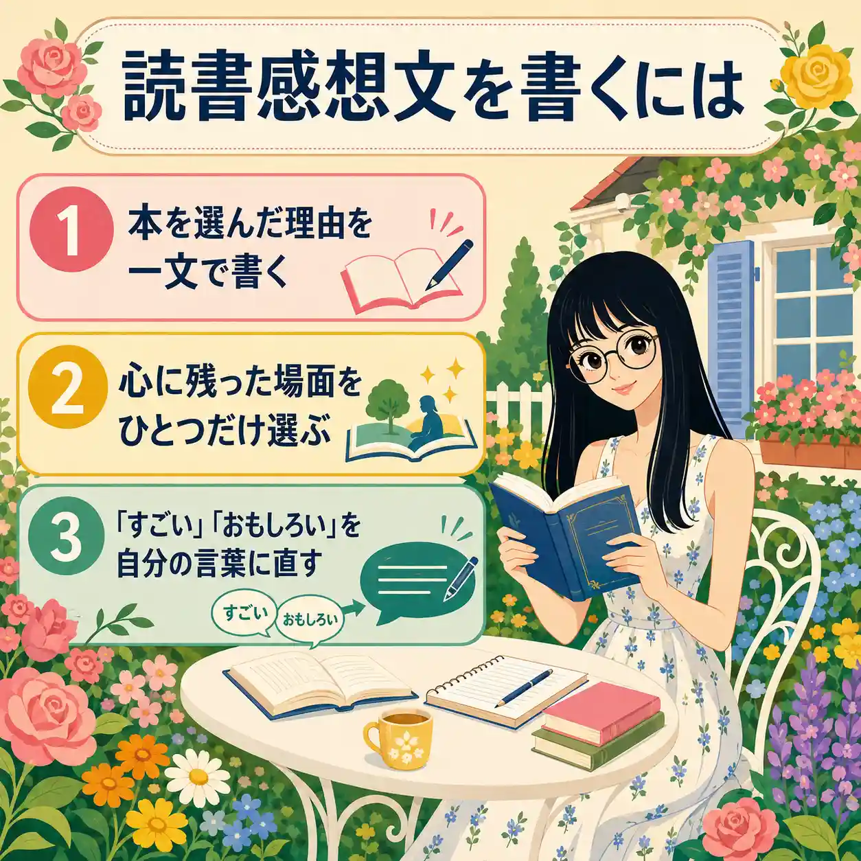 読書感想文の書き方を3つの手順で紹介するインフォグラフィック。花の咲く庭で、丸メガネの女性が本を読みながら、本を選んだ理由、心に残った場面、自分の言葉で表すコツを示している。