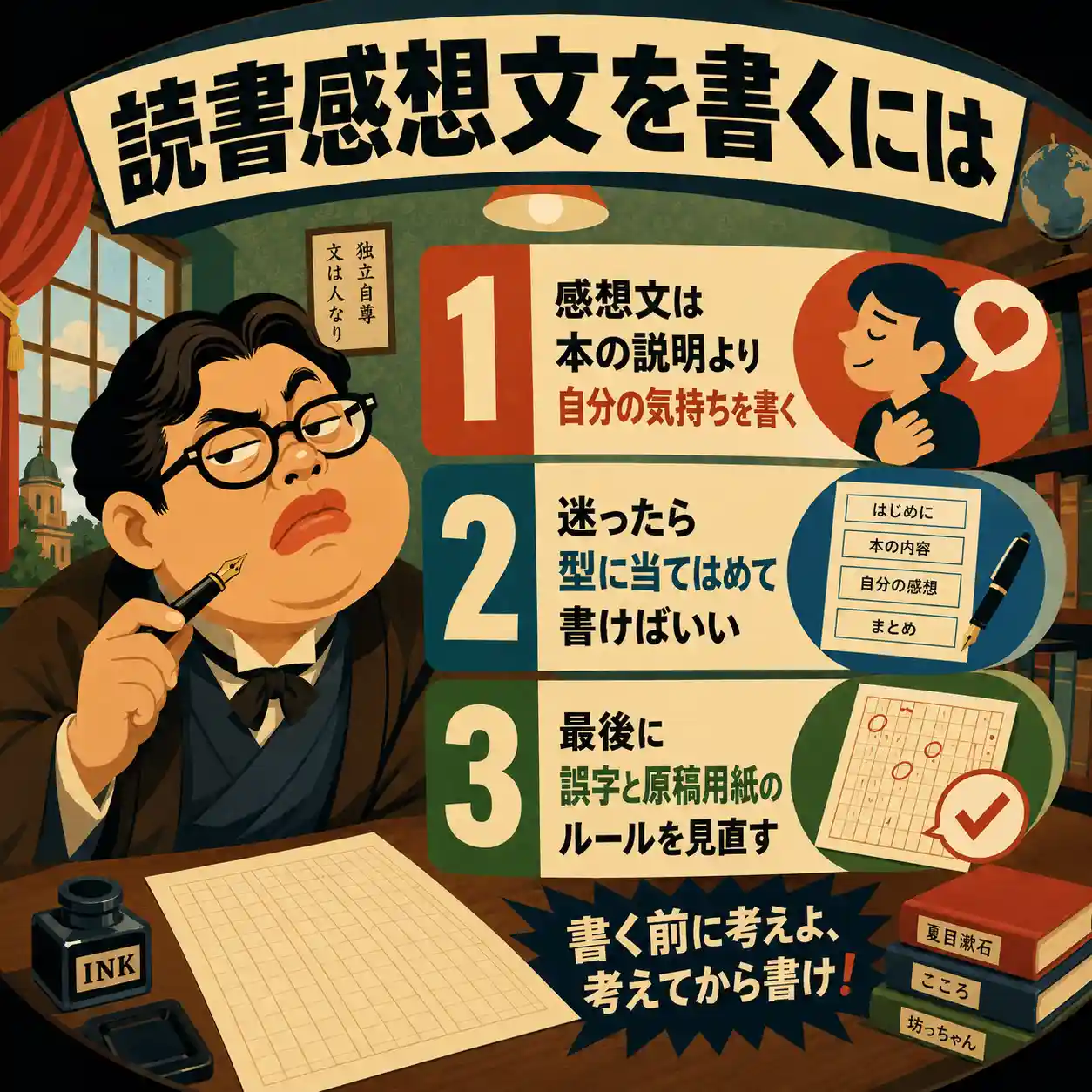 読書感想文の書き方を3つの手順で示すレトロ調インフォグラフィック。明治の文豪風の男性が万年筆を持ち、感想文は本の説明より自分の気持ちを書くこと、型に当てはめること、最後に誤字と原稿用紙のルールを見直すことを紹介している。