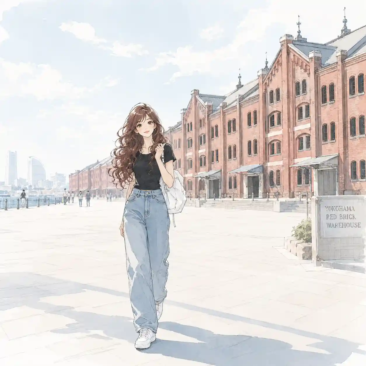 赤レンガ倉庫の前を歩く女子