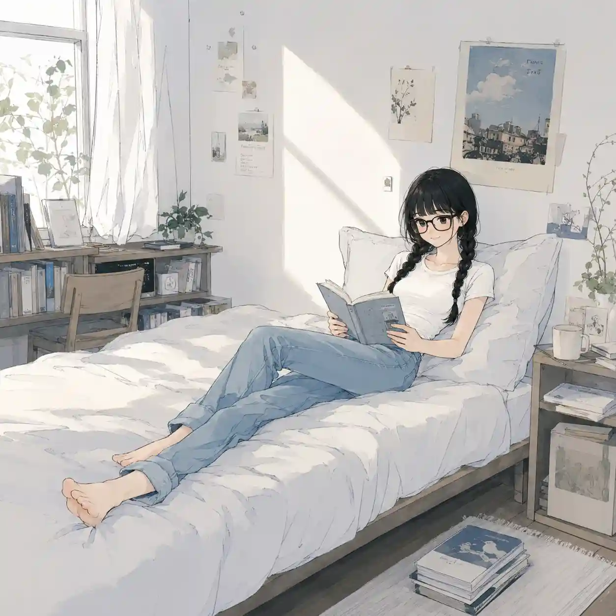 まず本を読む女子