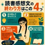 読書感想文の終わり方を4つに分けて紹介する正方形のインフォグラフィック。読書をする三つ編みの女性の周囲に、学んだこと、生活に生かすこと、作者の意図、本文引用で締める方法が示されている。
