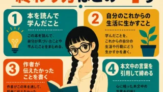 読書感想文の終わり方を4つに分けて紹介する正方形のインフォグラフィック。読書をする三つ編みの女性の周囲に、学んだこと、生活に生かすこと、作者の意図、本文引用で締める方法が示されている。