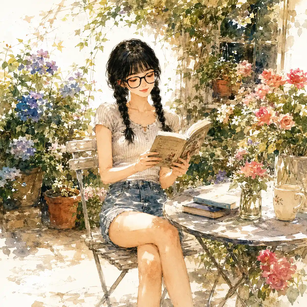 自宅の庭で小説を読む女子