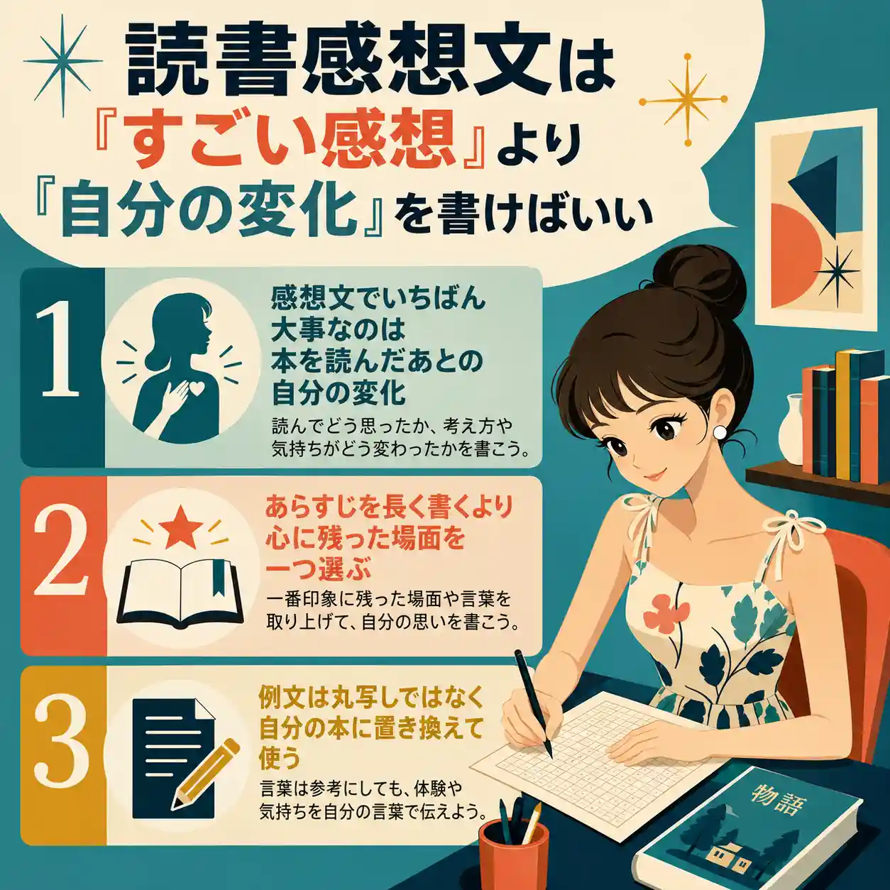 読書感想文では「すごい感想」より「自分の変化」を書くことが大事だと伝える、女性が感想文を書いているレトロ調のインフォグラフィック。