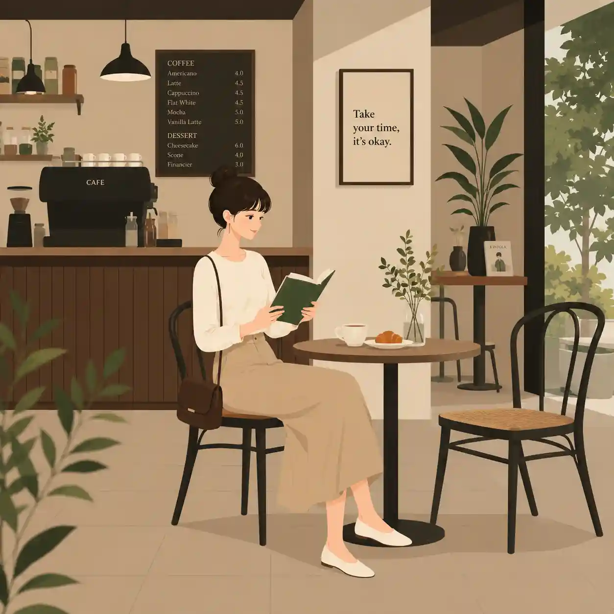 カフェで読書している女子