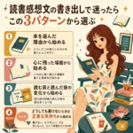 読書感想文の書き出し方を4つのパターンで紹介する、レトロな雰囲気のインフォグラフィック。赤みのある茶髪の女性が本を読みながら、書き出しの考え方をやさしく示している。